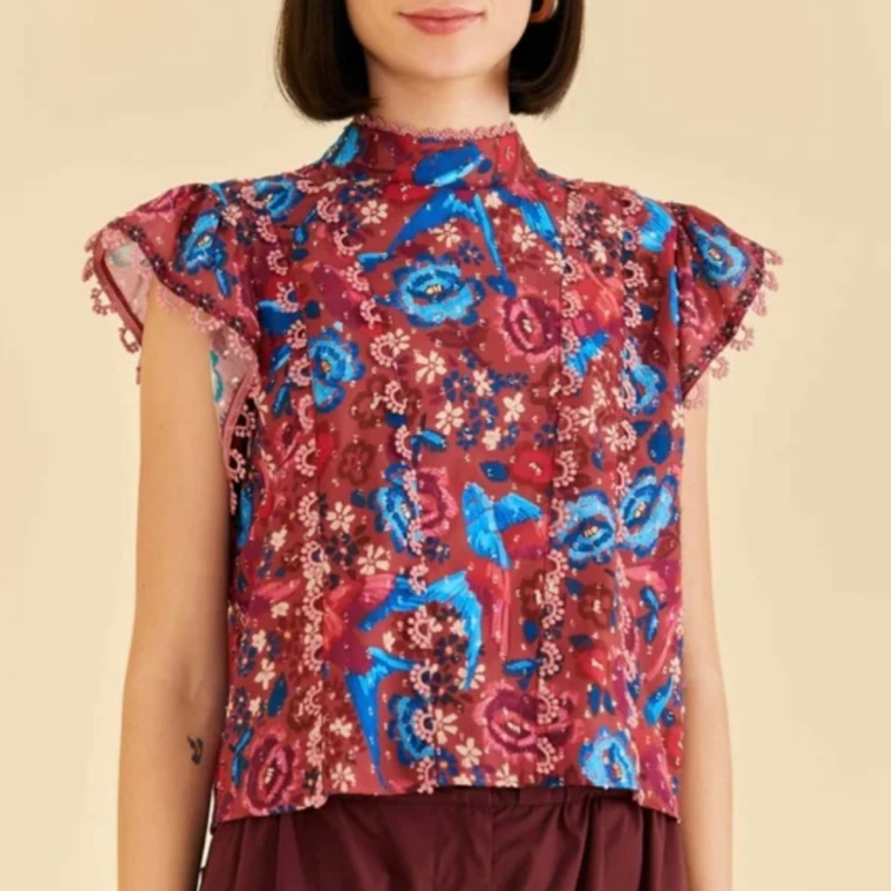 FARM Rio Floral Blouse in Red and Blue